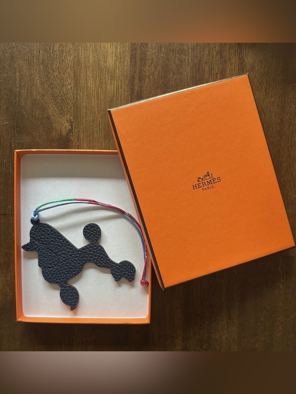 HERMÈS Petit h Royal Poodle Bag Charm Burgundy Navy Leather NIB Authentic